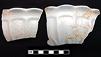 Bowl with arches and scalloped rim. Arches, scallops, loops and lobes, used in conjunction with vertical panels, became common on white granite in the 1850s (Wetherbee 1996:81). Rim diameter:8.25”,  Vessel #: 102. 18BC56